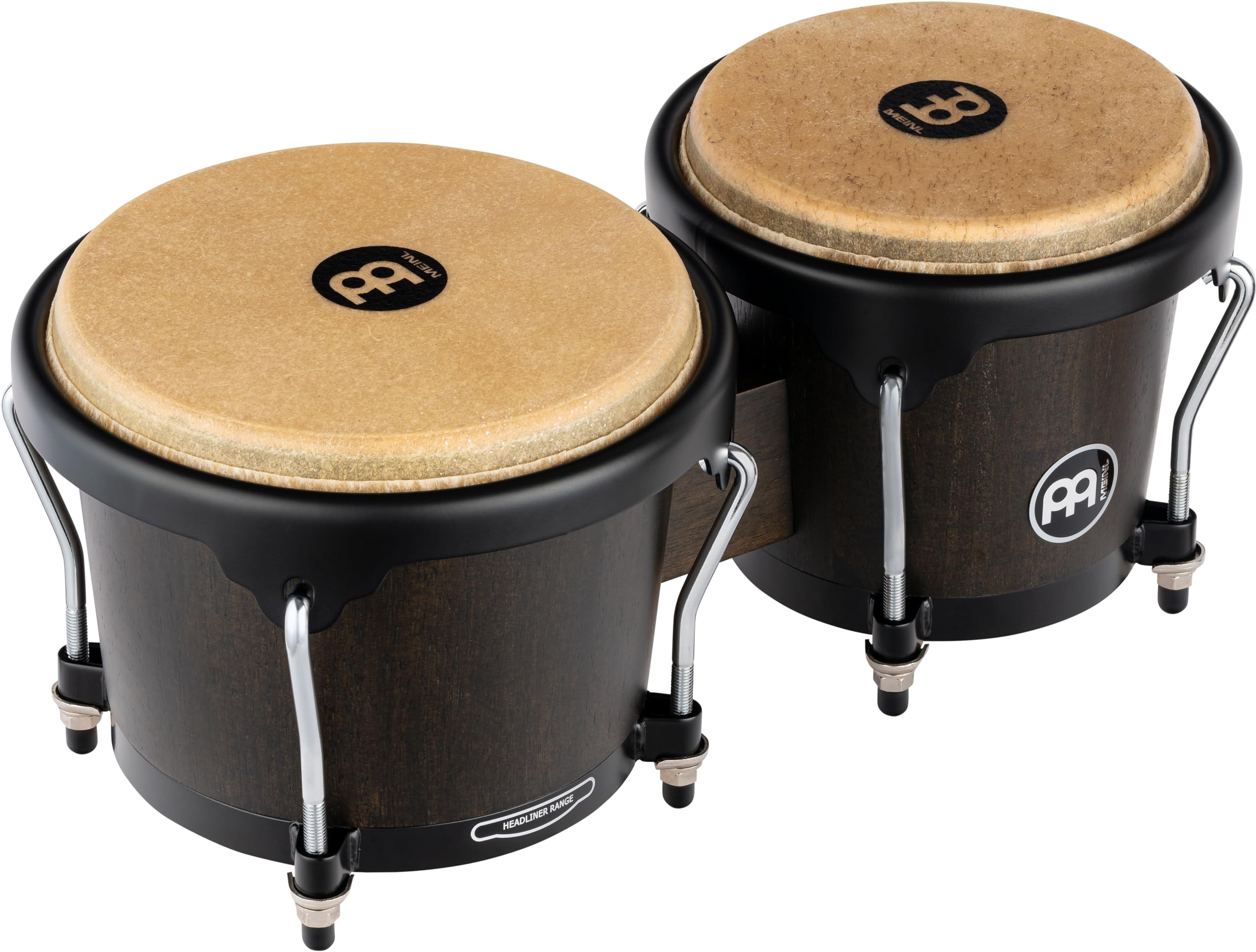 Meinl Percussion Bongos Headliner Wood - 2 hand drums with 6.75 and 8 inches - including tuning key - Siam Oak, Black (HB100VWB-M)