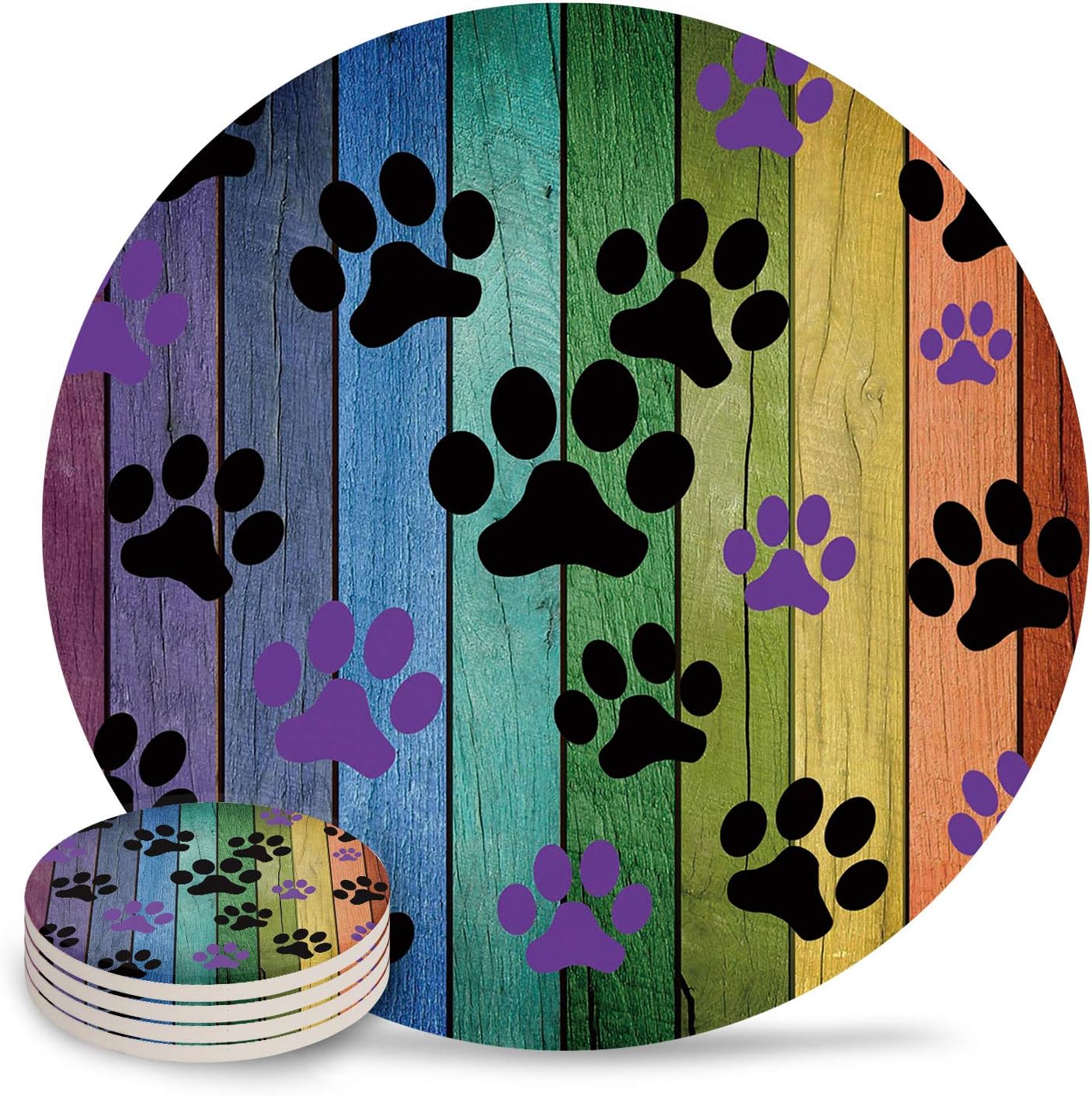 Funny Drink Coasters Dog Paw Prints Rustic Old Barn Wood Absorbent Stone Ceramic Coaster with Cork Back and NO Holder for Cups, Set of 4-Piece, Multi Color