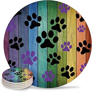 Funny Drink Coasters Dog Paw Prints Rustic Old Barn Wood Absorbent Stone Ceramic Coaster with Cork Back and NO Holder for Cups, Set of 4-Piece, Multi Color