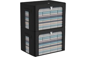 CYHOM Extra Large Clothes Storage Bins Box - Linen Fabric Foldable Stackable Container Organizer Set with Clear Window & Carry Handles & Metal Frame (Black, Extra Large-100L)