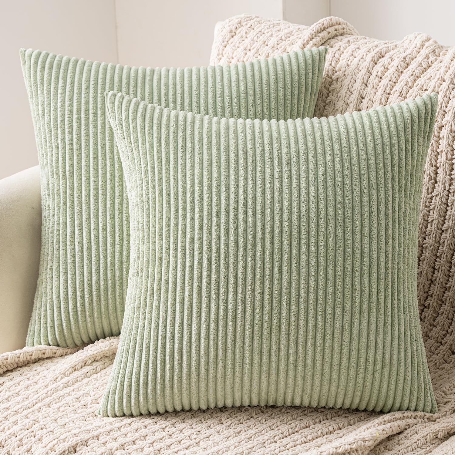 MIULEE Set of 2 Striped Corduroy Cushion Covers Soft Throw Pillow Case Sham Home for Sofa Couch/Bedroom Decorative Fluffy Large Pillowcases 40x40cm Light Green — image 1