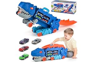 ISMETACU Transport Dinosaur Truck with Foldable Sliding 25-Inch Race Track, Transforms into Standing T-rex,Best Birthday Gifts Toys for Age 3 4 5 6 7 8 Years Old Kids Boys&Girls(12 Die-Cast Race Cars)