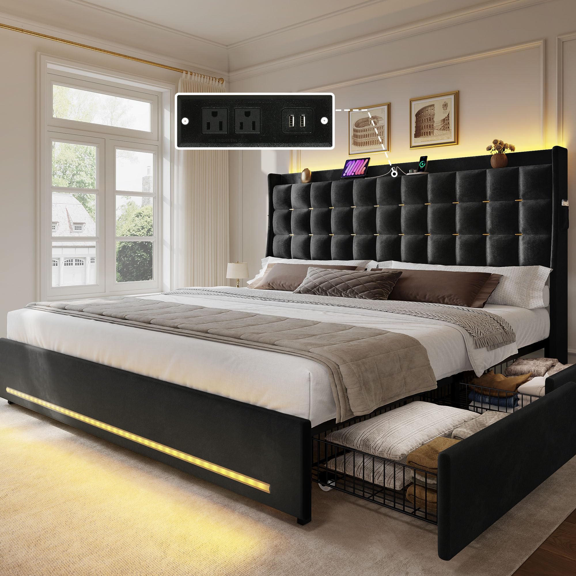 Photo 1 of ** Only box # 1, missing parts **YITAHOME King Size Bed Frame with 4 Drawers and RGB LED Lights, Velvet Upholstered Platform Bed with Charging Station and Storage Headboard, No Box Spring Needed, Easy Assembly, Noise-Free, Black
