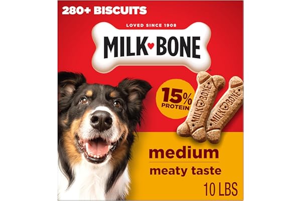 Milk-Bone Original Medium Dog Biscuits, 10 lb Box | 280+ treats, classic meaty taste, crunchy dog treats for dogs 20-50lbs, 15% protein, 12 vitamins & minerals, made in the USA