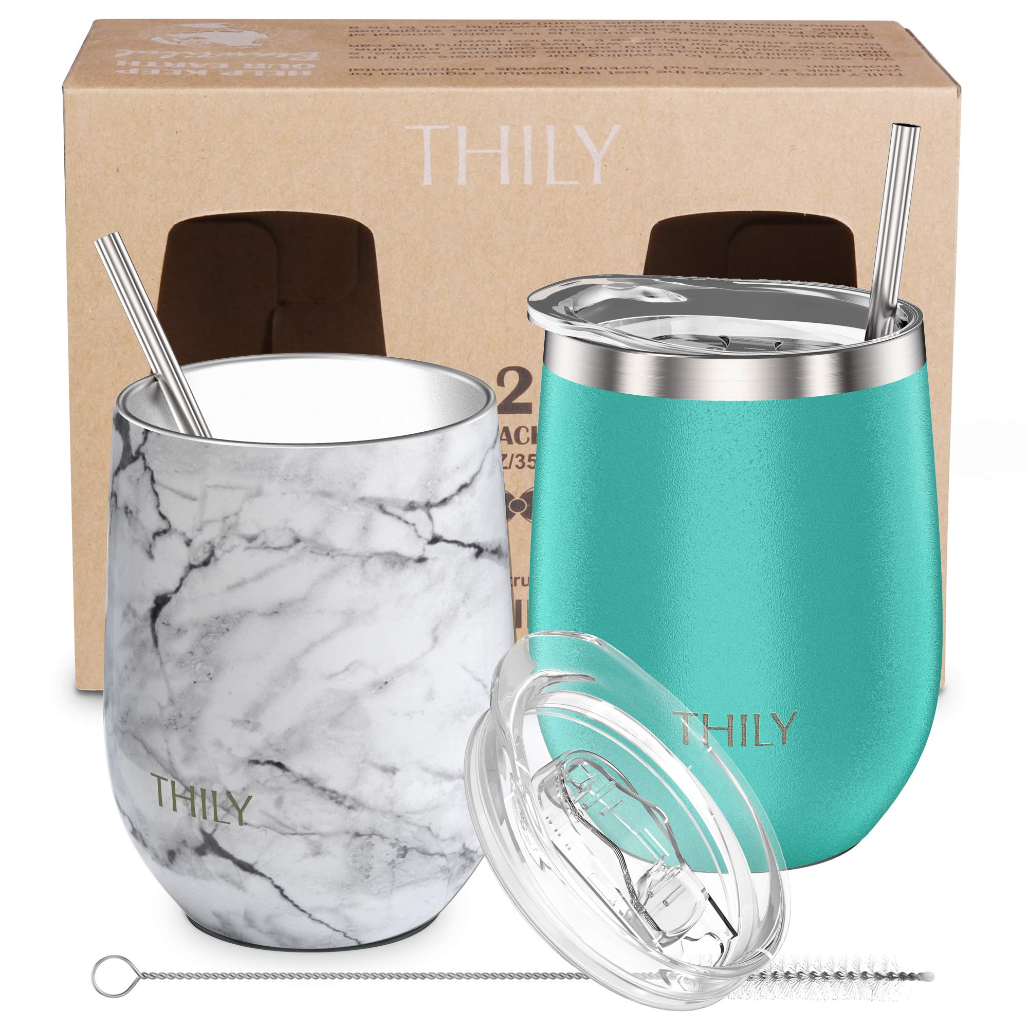 THILY Stainless Steel Stemless Wine Glasses 350 ml Vacuum Insulated Wine Tumbler with Lid and Straw, Reusable, BPA Free, Keep Cold & Hot for Drinks, Coffee, Cocktails, 2 Pack(Teal + Marble)