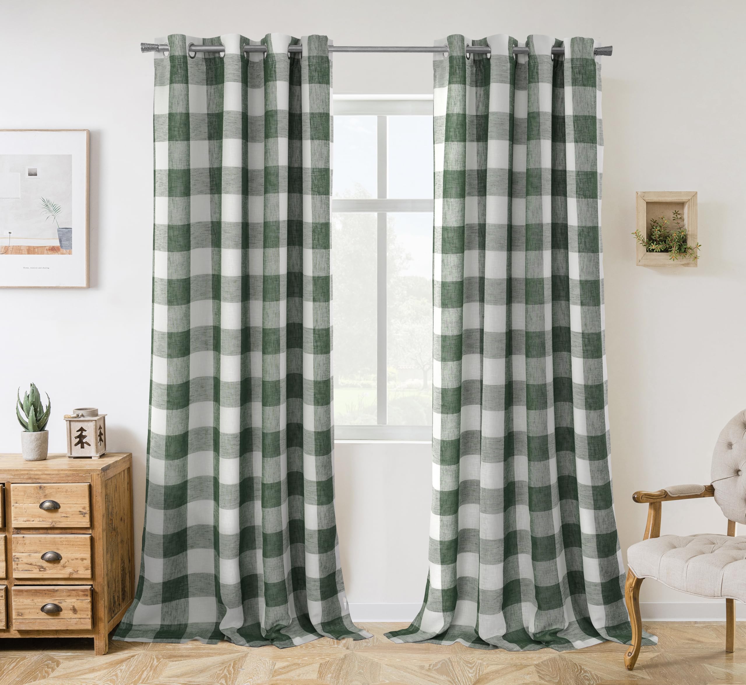 DriftAway Buffalo Plaid Blackout Curtains Linen Textured Farmhouse Double Layer Thermal Insulated Yarn Dyed Woven Checkered Gingham Grommet Drapes for Living Room 2 Panels Each 52W x 90L Loden Green