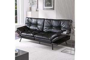 Hcore Black Leather Futon Sofa Bed, Sofa Loveseat Memory Foam Small Sofa Foldable Loveseat with Armrests for Compact Living Spaces,Apartment,Dorm,Studio,Guest Room,Home Office