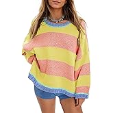 Fnortc Women's Chunky Knit Striped Sweaters Casual Long Sleeve Crew Neck Oversized Pullover Sweater Winter Fall Spring Tops