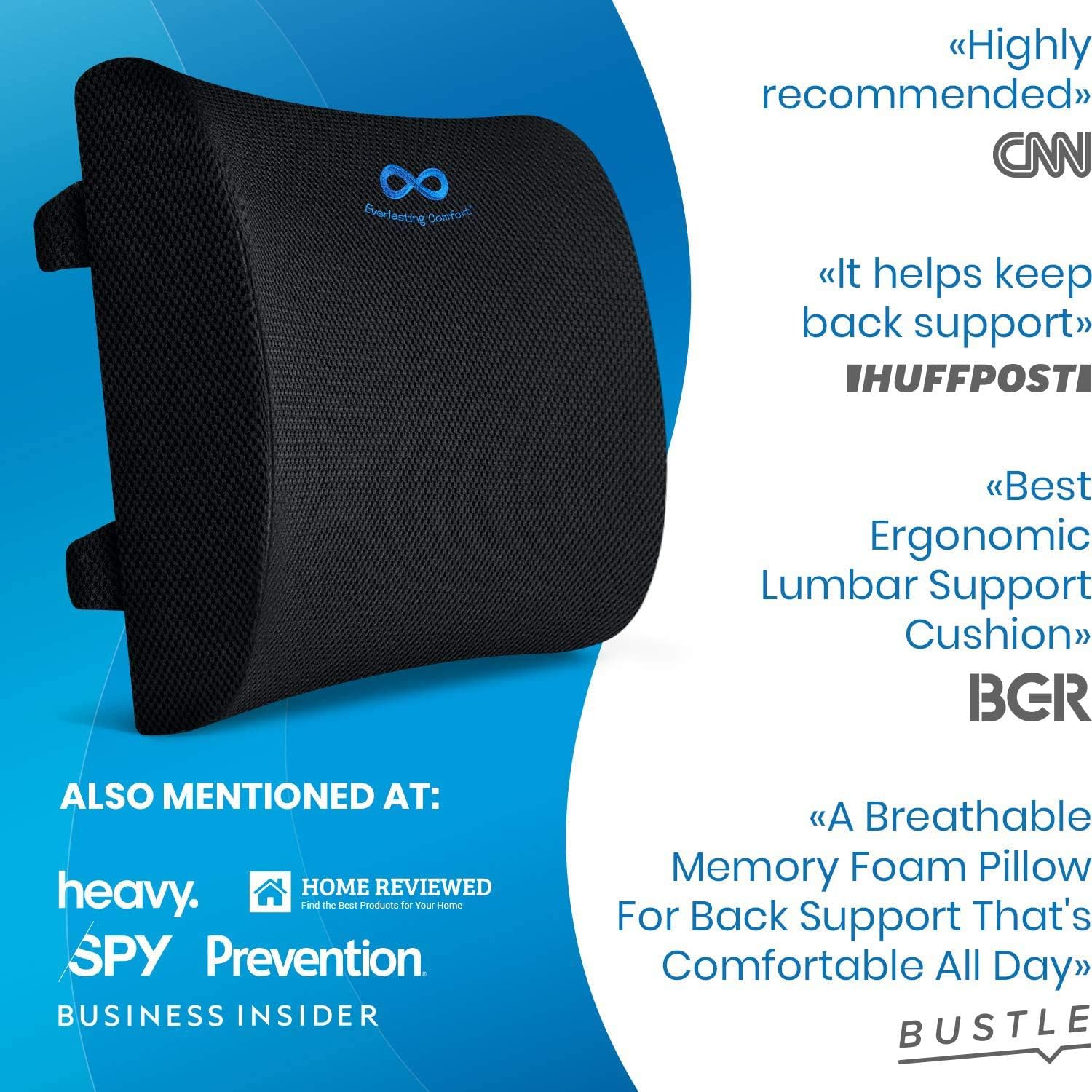 Everlasting Comfort Lumbar Support Pillow for Office Chair - Pure Memory Foam Lumbar Cushion for Car (Black): Home & Kitchen