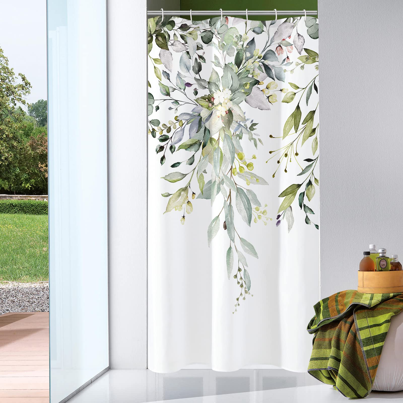 Photo 1 of Gibelle Small Stall Shower Curtain 36 x 72, Narrow Half Sage Green Floral Fabric Shower Curtain, Watercolor Plant Eucalyptus Leaves Bathroom Curtains Shower Set with Hooks