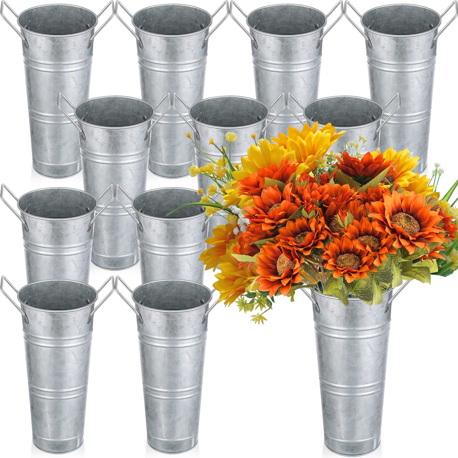 Photo 1 of Chumia 12 Pcs Galvanized Flower Bucket 9 Inch Metal Vase Farmhouse Rustic French Flower Bar Bucket with Handles for Home Floral Centerpiece Container Wedding Table Decor(Matte Silver)