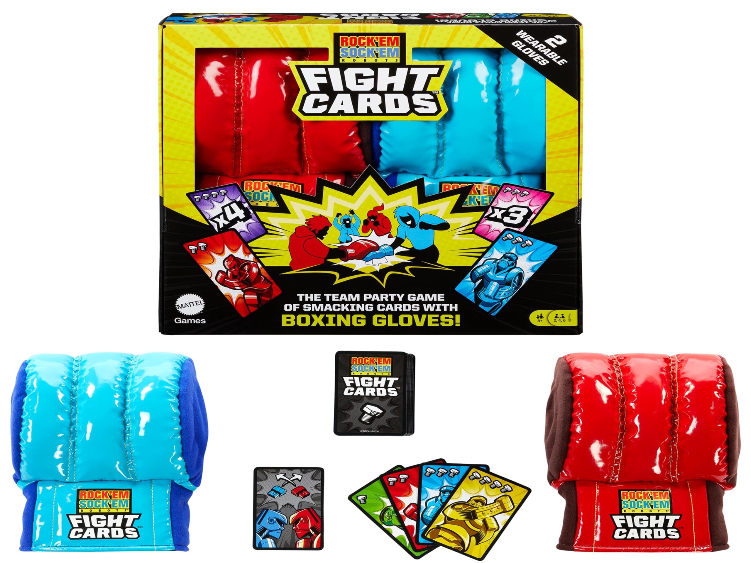Mattel Games Rock ‘Em Sock ‘Em Robots Fight Cards Card Game, Team Party Game for Kids & Adults with Two Boxing Gloves, HTW64