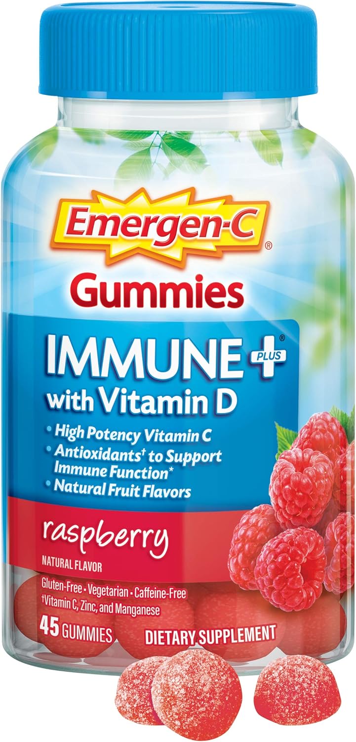 Emergen-C Immune+ Immune Gummies, Vitamin D Plus 750 mg Vitamin C, Immune Support Dietary Supplement, Caffeine Free, Gluten Free, Raspberry Flavor - 45 Count: Health & Personal Care