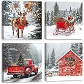 Framed Christmas Wall Art Set of 4, Vintage Winter Wall Decor, 12x12 Inch | Farmhouse Xmas Pictures, Rustic Canvas Prints with Winter Snow Forest Scene, Holiday Artwork for Living Room Bedroom