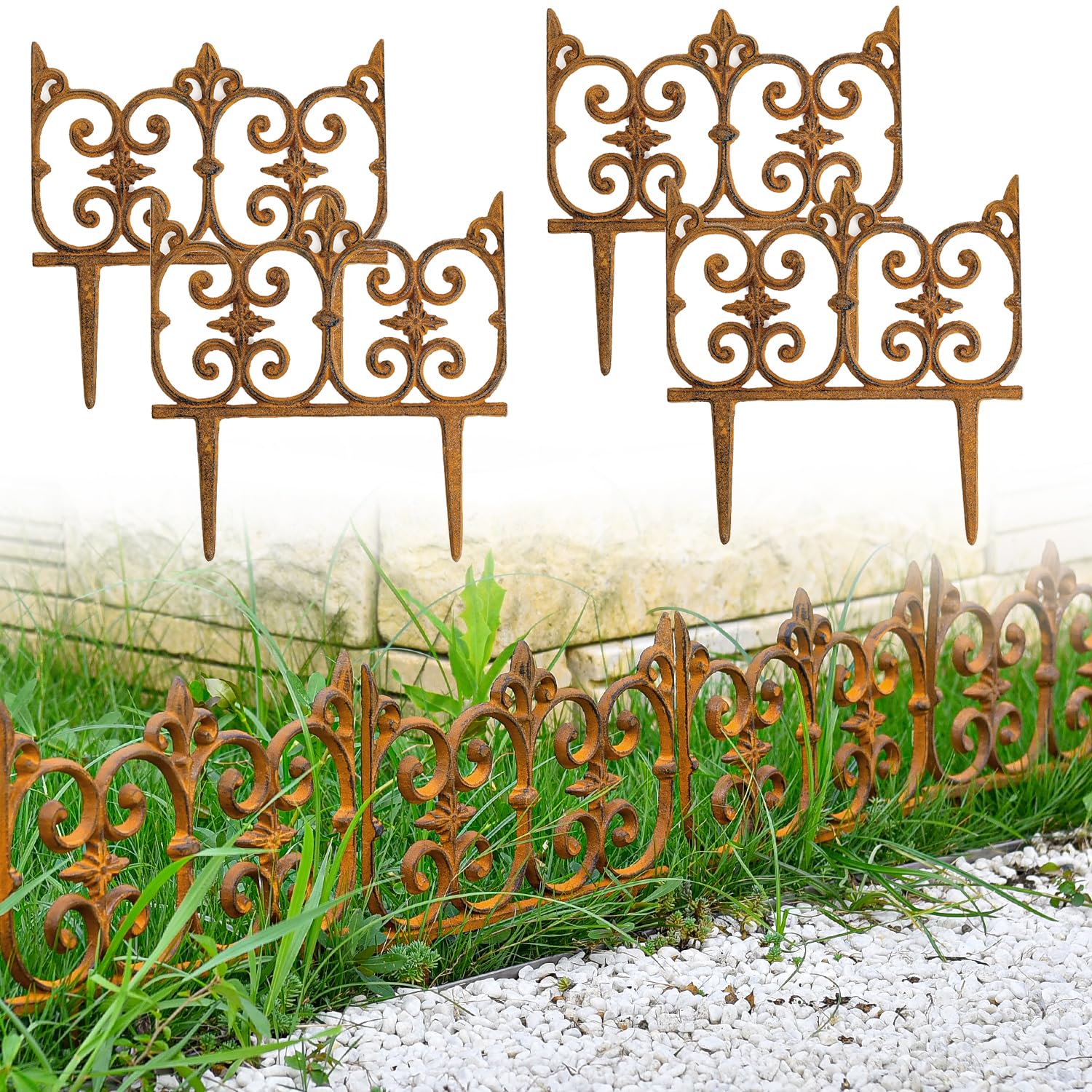 Photo 1 of Sungmor Decorative Cast Iron Garden Edging, 4 Pack Full Rusted Victorian Garden Edging Landscape Border, Vintage Metal Yard Stake Low Picket Fence, 10.6" Tall Outdoor Flower Bed Lawn Fence Panels