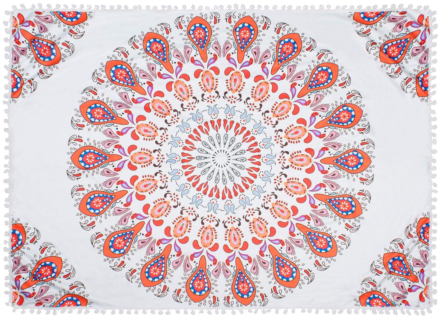styleBREAKER rectangular beach towel with paisley ornament pattern and pompom trim, towel, beach towel, unisex 05050077, color:White-Orange