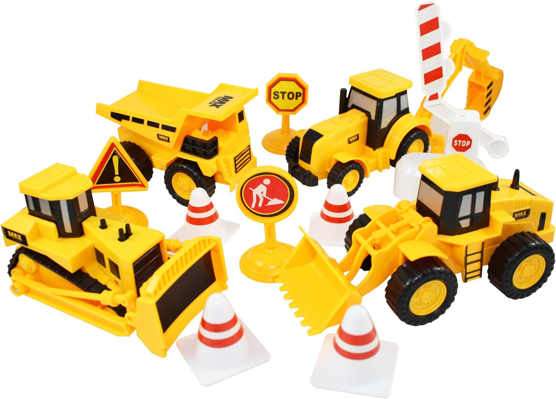 Construction Toy Trucks Complete Equipment Job Site set Friction Powered Vehicles- Dump Truck, Wheel Loader, Backhoe & Bulldozer w/ Road Signs, Cones and Boom Gate