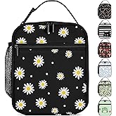 Floral Daisy Black Flower Lunch Box Girls Boys Insulated Lunch Bag Reusable Lunchbox, Cute Lunch Box for Girls Boys Teen, Waterproof Lunch Tote Bag for Women Men Kids Work Office School Picnic