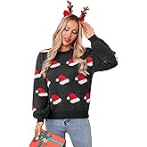 SunnyMelody Women's Cute Christmas Sweater,Santa Hat Snowman Pattern Knit Pullovers,2025 Funny Holiday Party Ugly Xmas Tops