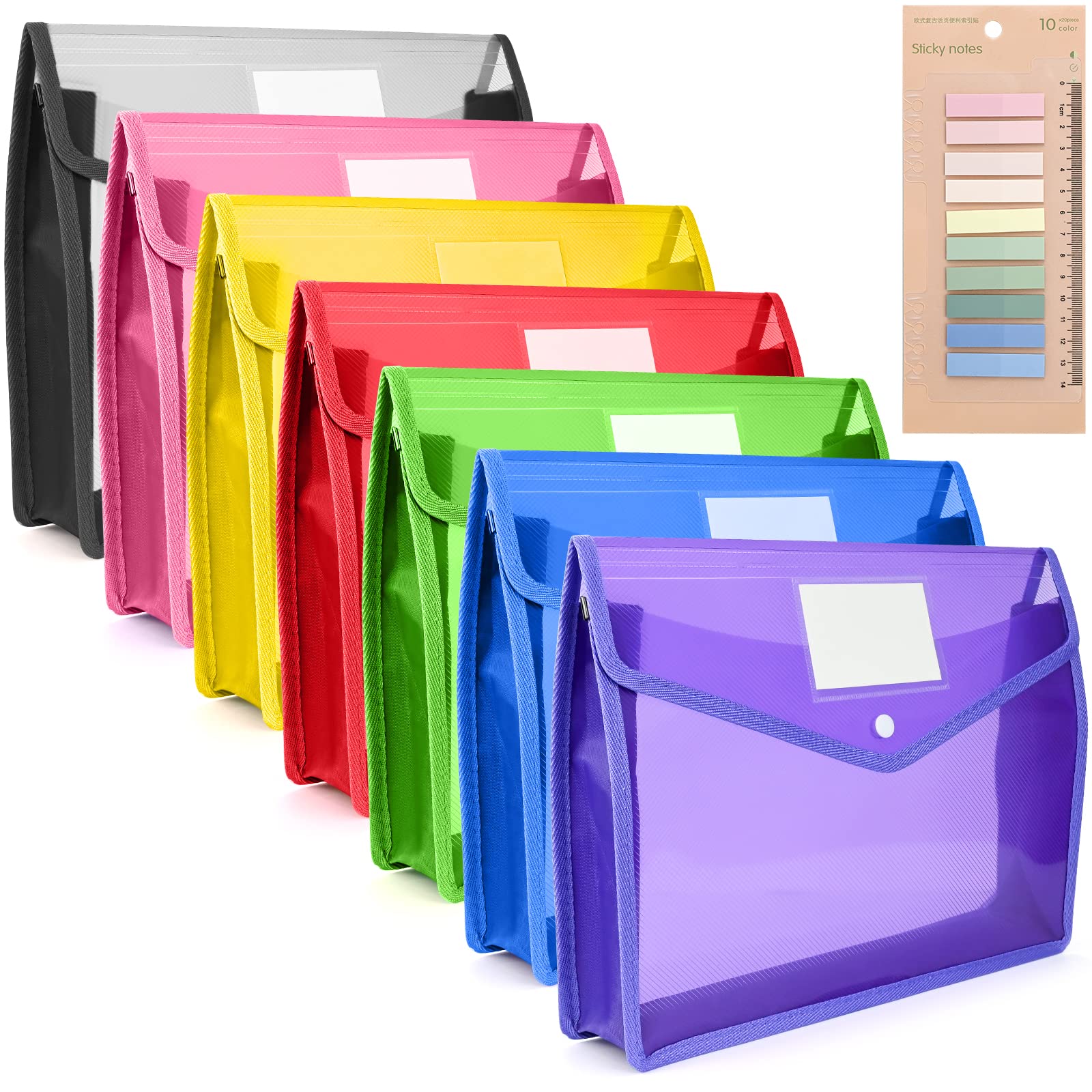A4 Plastic Wallets 7 Pack Plastic File Folders with 200 Stickers Waterproof Document Wallets Bag Envelope Folder with Snap Closure and Card Slot for School Office Home - 7 Colors