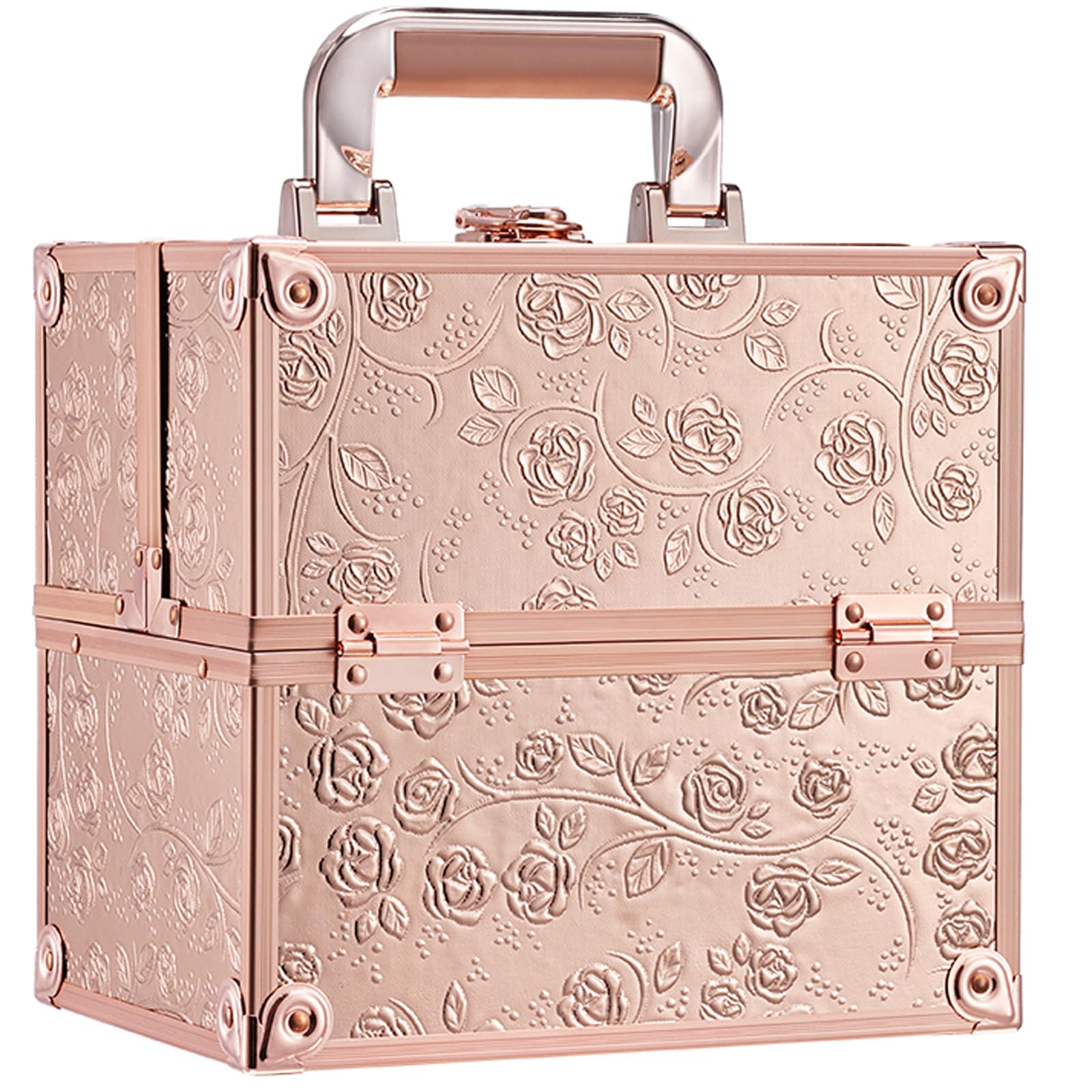 Photo 1 of FRENESSA Makeup Train Case Cosmetic Box Portable Makeup Case Organizer 4 Trays Lock Travel Storage Organizer with Dividers Make Up Artist Vanity Hard Nail Spa Beauty Box Rose Gold Floral