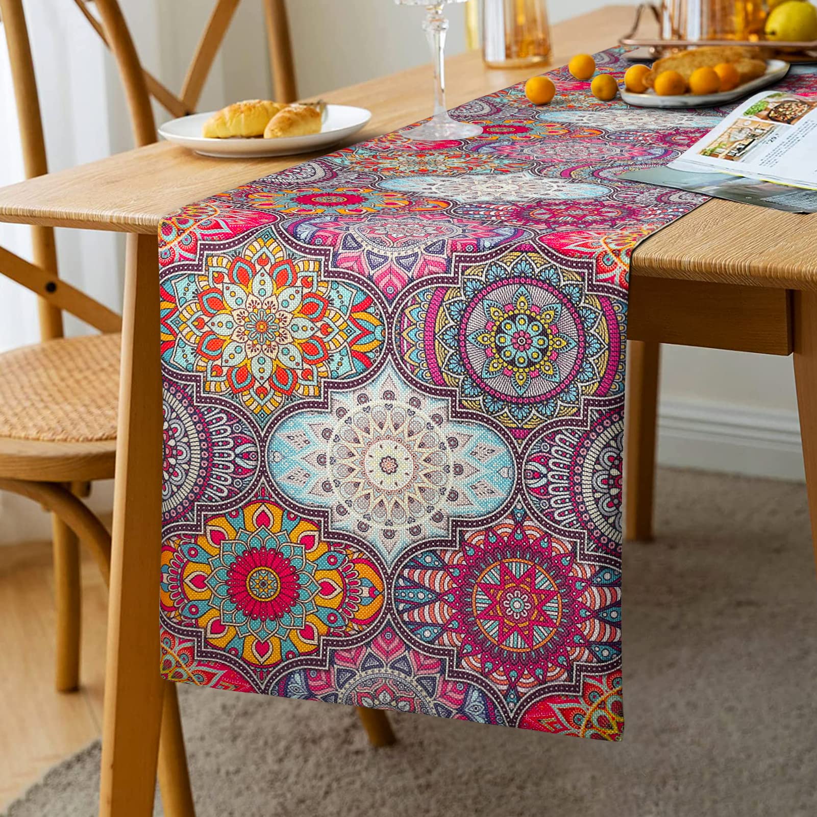 Table Runner 33 X 183 cm Bohemian Mandala Flower Linens Purple Table Cloth Boho Table Runner for Wedding Party Holiday Home Decor Multicoloured Tablecloth Bohemian (Colorful Purple C)