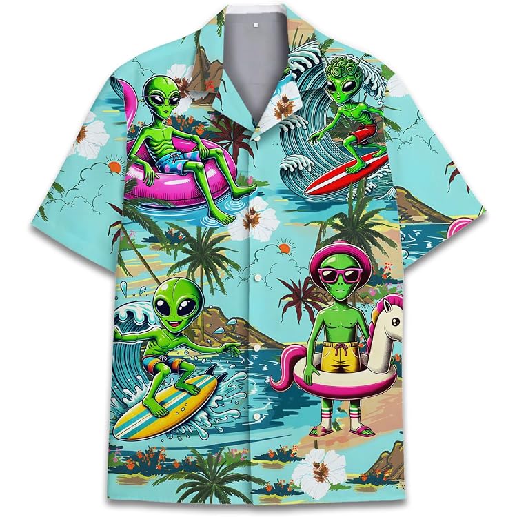 GADZILLE Men's Hawaiian Shirt - Space Dino Print, Short Sleeve, Button Down, XX-Large