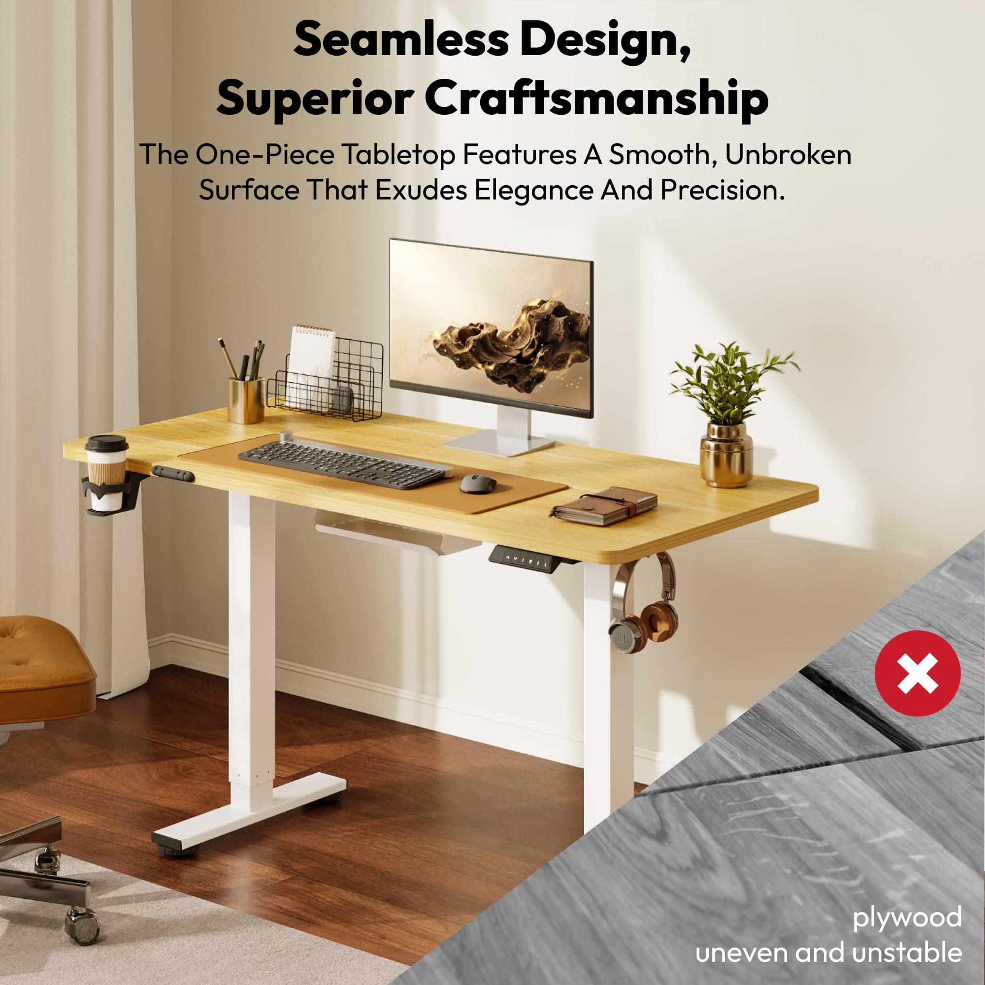 SANODESK Höhenverstellbarer Schreibtisch 110×54 cm – Kompakter Standing Desk mit praktischem Zubehör, ideal für kleine Räume, leise & sicher mit Anti-Kollisions-Schutz(ahorn) 5