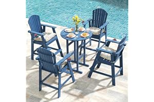 Sundale Outdoor 5 Pieces Adirondack Bar Set, Patio Counter Height Adirondack Chairs Set of 4 and Round Table, High Top HDPE Stools and Pub Table, Tall Bistro Dining Furniture Set for 4, Navy Blue