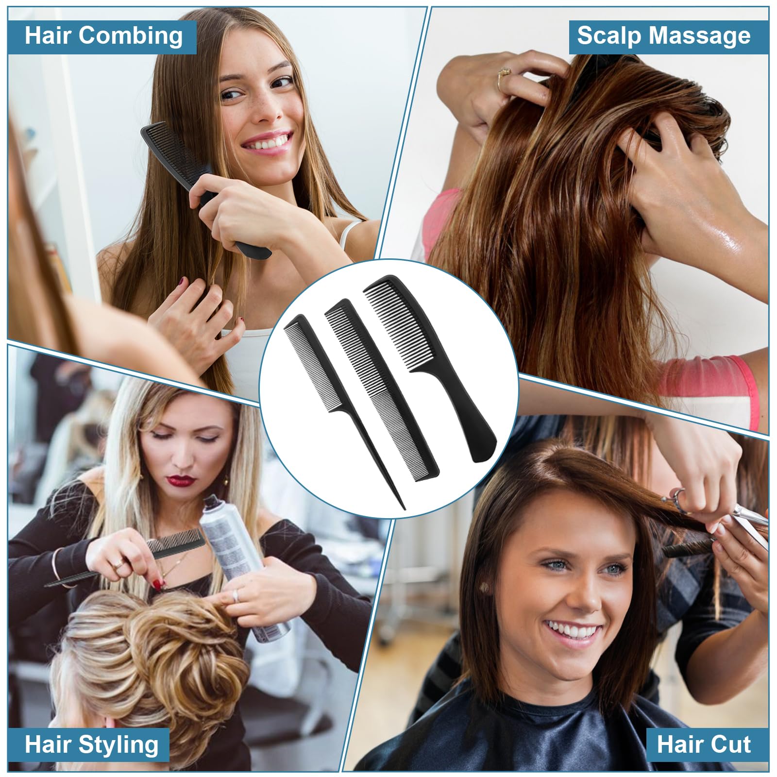 3 Pieces Rsiynax Professional Teasing Comb, Premium Black Carbon Fiber Hair Comb Set for Cutting and Styling, Fine and Wide Tooth Hair Barber Combs for Women and Man