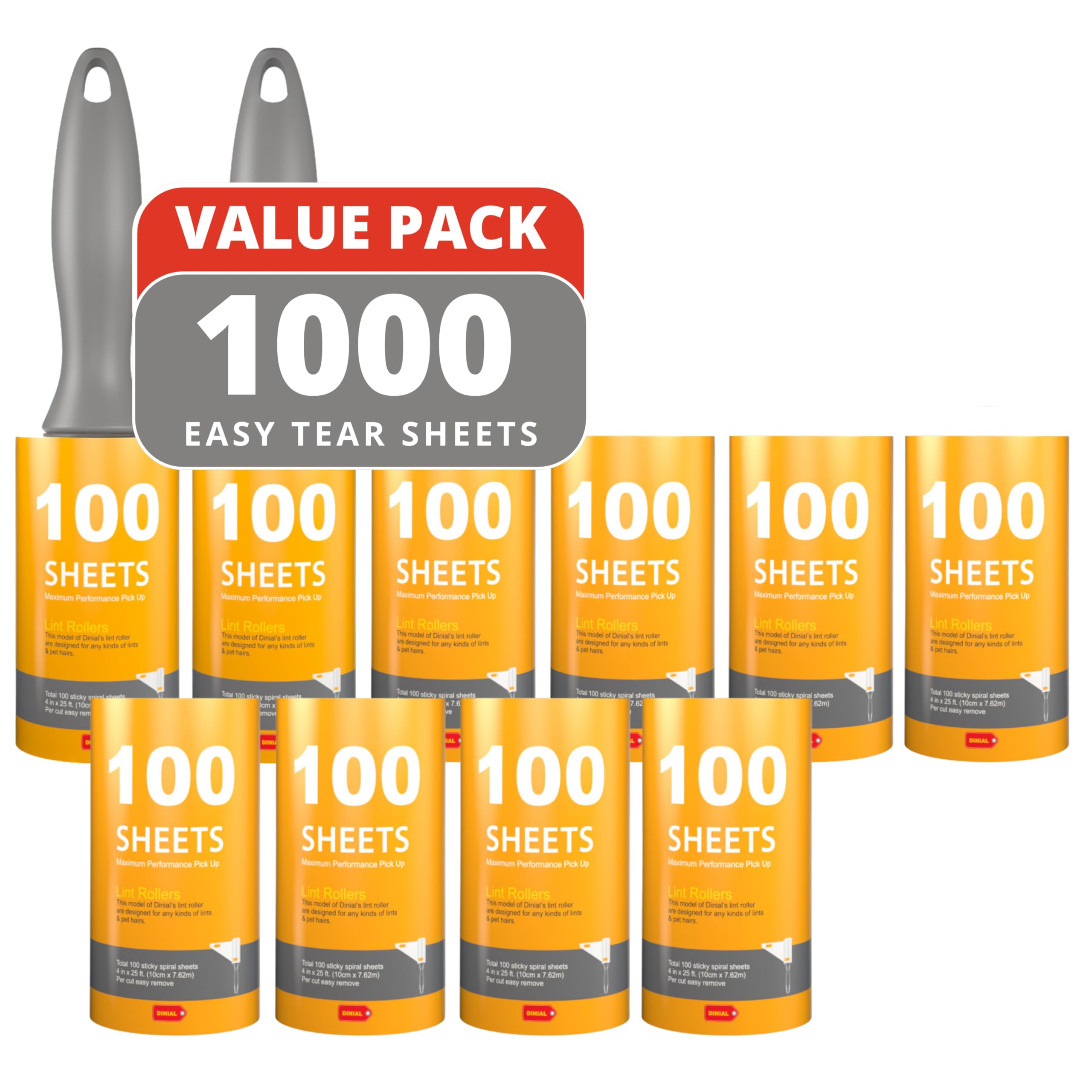 DINIAL 2 Lint Roller Remover Handles + 10 Refills (1000 SHEETS IN TOTAL) For Removes Pet Fur, Dust, Dirt from Clothes, Furniture, Carpet, Cars, Floor & Dog, Cat Hair.