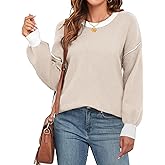 WEACZZY Women's Crew Neck Sweaters Oversized Pullover Sweatshirt Long Sleeve Side Slit Hem Color-Block Trim Fashion Tops 2026