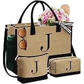 YOOLIFE Gifts for Women - Initial Jute Tote Bag & 2 Makeup Bags Personalized Gifts for Women Teacher Mom Friend Birthday