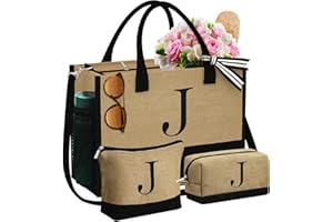 YOOLIFE Christmas Gifts for Women - Initial Jute Tote Bag & 2 Makeup Bags Personalized Gifts for Women Teacher Mom Friend