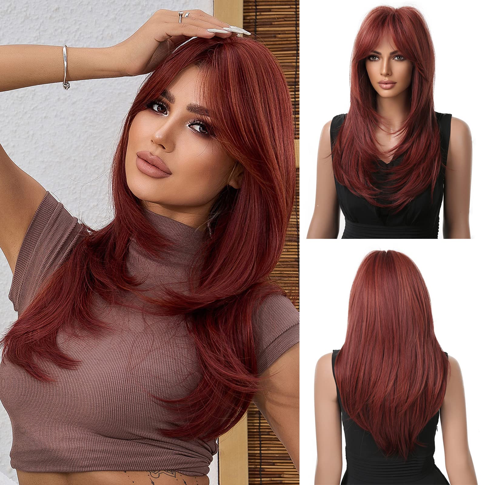 Esmee Long Straight Wine Red Wigs for Women Synthetic Layered Burgundy Synthetic Hair Wig with Fringe for Daily Party Cosplay Use-20 Inches — image 1