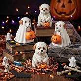 RattanView 4 Pcs Halloween Ghost Dog Decor, Mummy Puppy with Pumpkins | Resin Figurines with Pumpkin Buckets, Mummy Ghost Costume, Cute Funny Tabletop Centerpiece for Party Home Indoor Decoration