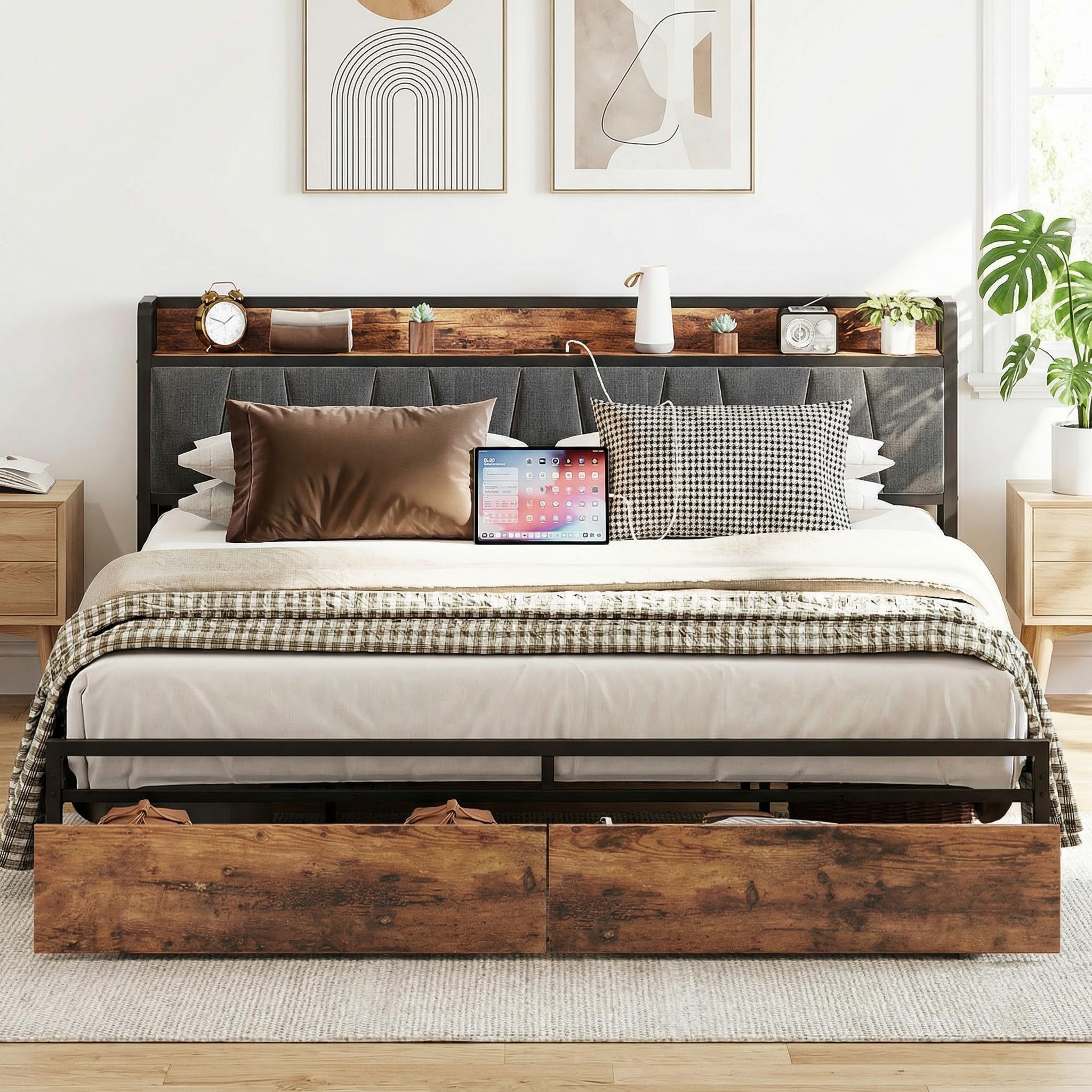 LIKIMIO King Size Bed Frame, Storage Headboard with Charging Station, Platform Bed with Drawers, No Box Spring Needed, Easy Assembly, Industrial Brown and Gray Image