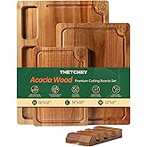 THETCHRY Acacia Wood Cutting Boards for Kitchen, Premium Wood Cutting Board Set with Holder, Chopping Board with Grooves and Built-in Handles, Wooden Charcuterie Board Trays for Meat, Fruit, Cheese