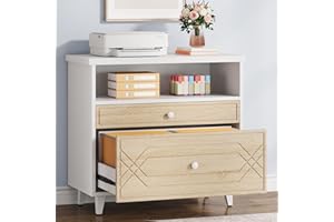 Condemo File Cabinet with Shelf, 2 Drawer Lateral Filing Cabinet for A4/Letter/Legal Size, Modern Industrial Office Storage Cabinet Printer Stand for Home Office, White and Light Brown