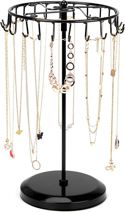 BELLE VOUS Black Rotating Jewellery Stand 23 Hooks Necklace Earring Holder