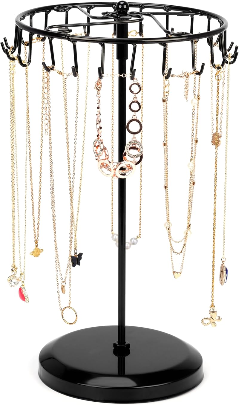 BELLE VOUS Black Rotating Jewellery Stand 23 Hooks Necklace Earring Holder