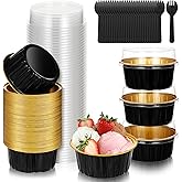 100 Pcs 5 Oz Mini Cake Pans with Lids, Disposable Aluminum Foil Mini Muffin Pan with 100 Forks, Foil Cupcake Containers for Wedding, Christmas, Kitchen, Party (Black, Gold)