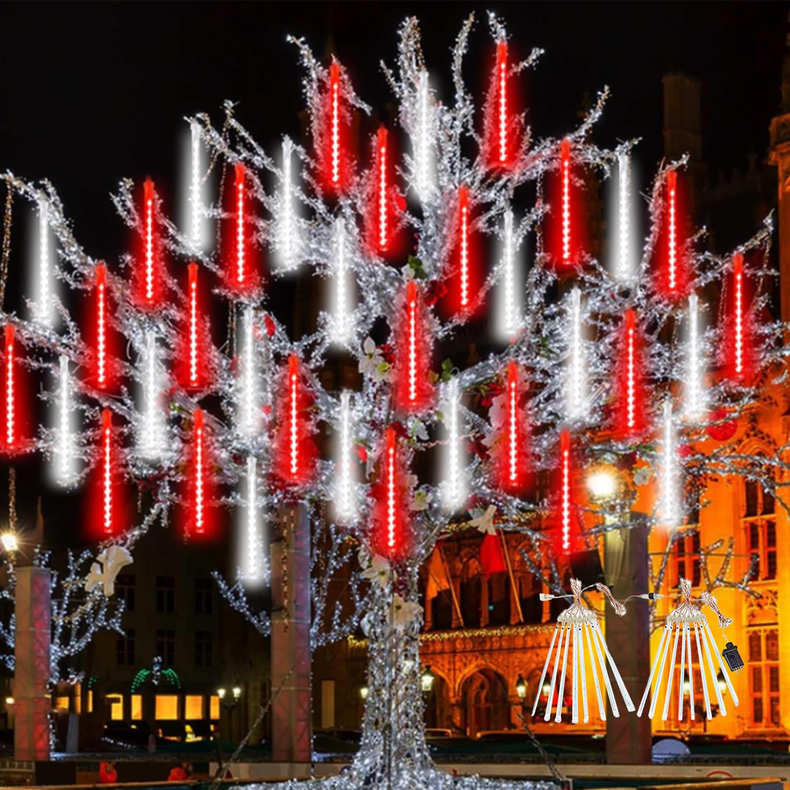 Photo 1 of 2 Pack Christmas Decorations Lights Outdoor, Extendable Meteor Shower Lights with Timer, Total 384LED 30cm 16 Tubes Indoor Outdoor Snow Cascading String Light for Xmas Party Yard Decor (Red and White)