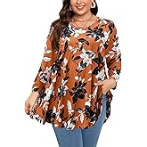 Womens Tunic 3/4 Sleeve Plus Size Tops Crew Neck Swing Flowy Loose Fit T-Shirt Blouses to Wear with Leggings