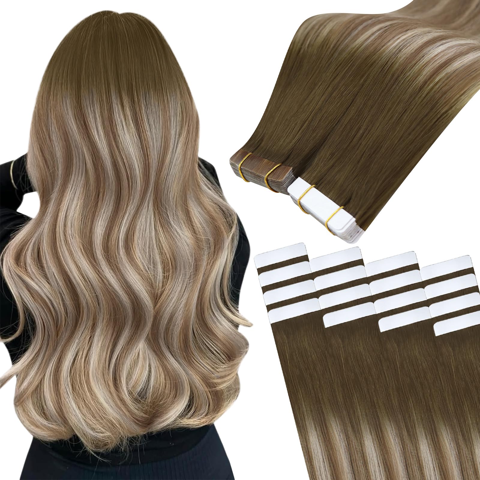 Easyouth 16 Inch Tape Hair Extensions Real Human Hair Ombre Tape Extensions Human Hair Brown to Medium Blonde Balayage Tape in Human Hair Extensions Tape ins 40g 20Pcs — image 1