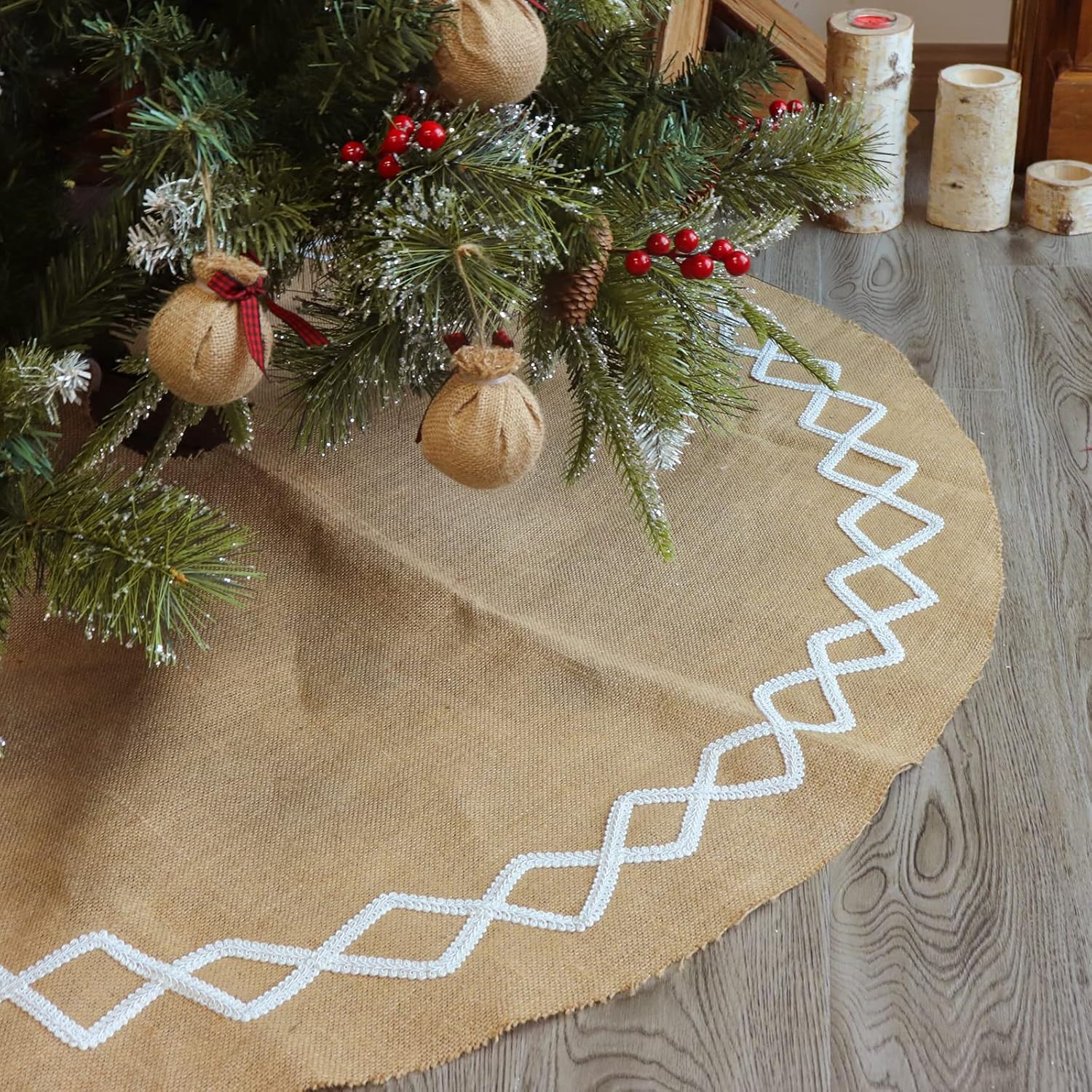 Stockings & Holders - Ivenf Christmas Tree Skirt, 48 inches Large Natural Burlap Jute Plain with Hand-Sewn White Lace Decor, Rustic Xmas Tree Holiday Decorations…