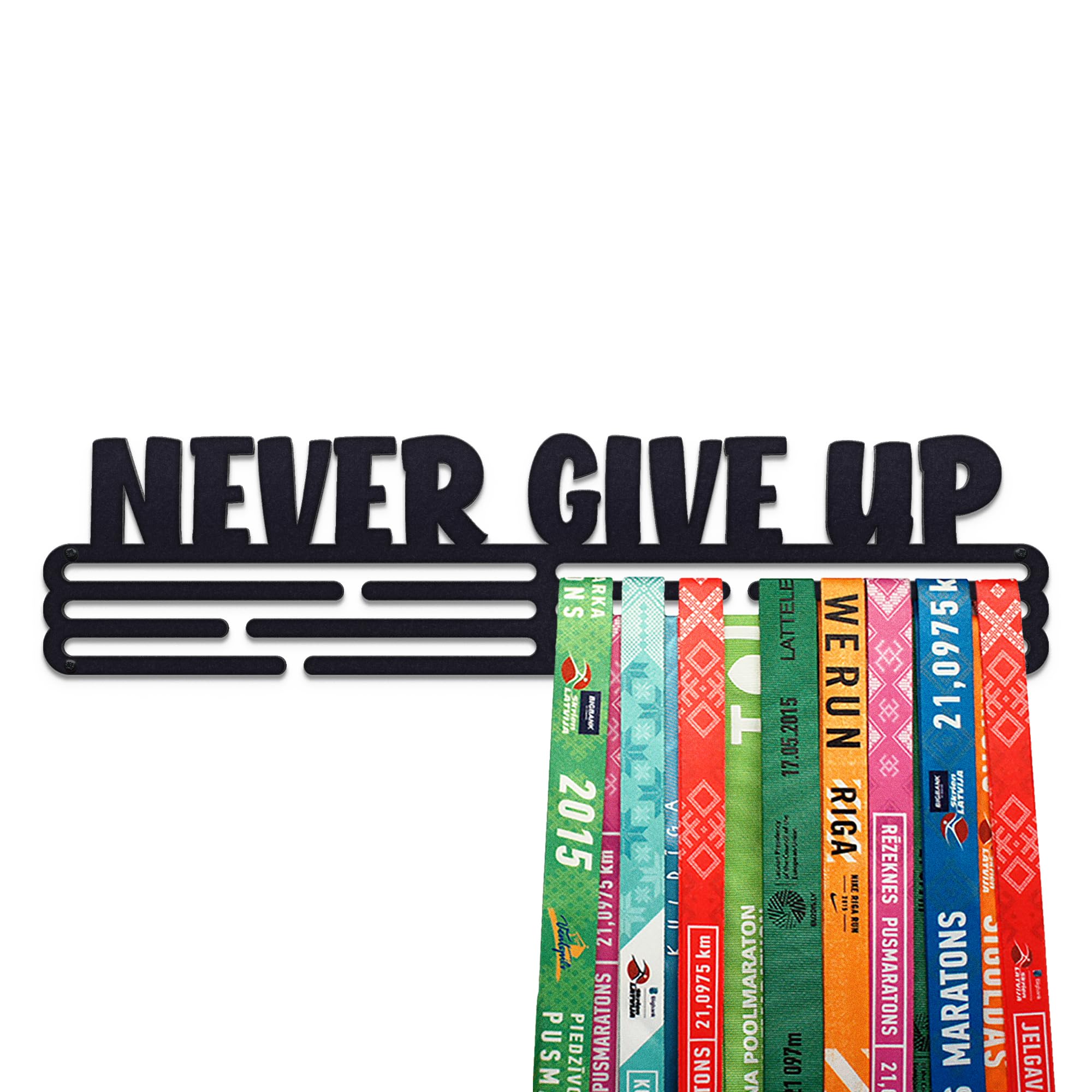 United Medals NEVER GIVE UP Sport Medal Hanger Display | Matte Black Steel Medal holder | Awards display rack for up to 48 medals