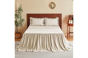 MR&HM Brushed Microfiber Ruffle Skirt Bedspread Set - 30" Long Drop, 3 Piece King, Linen Shabby Chic Style Bed Spread，French Country Soft Bedspread and Pillow Shams, Vintage Farmhouse Decor