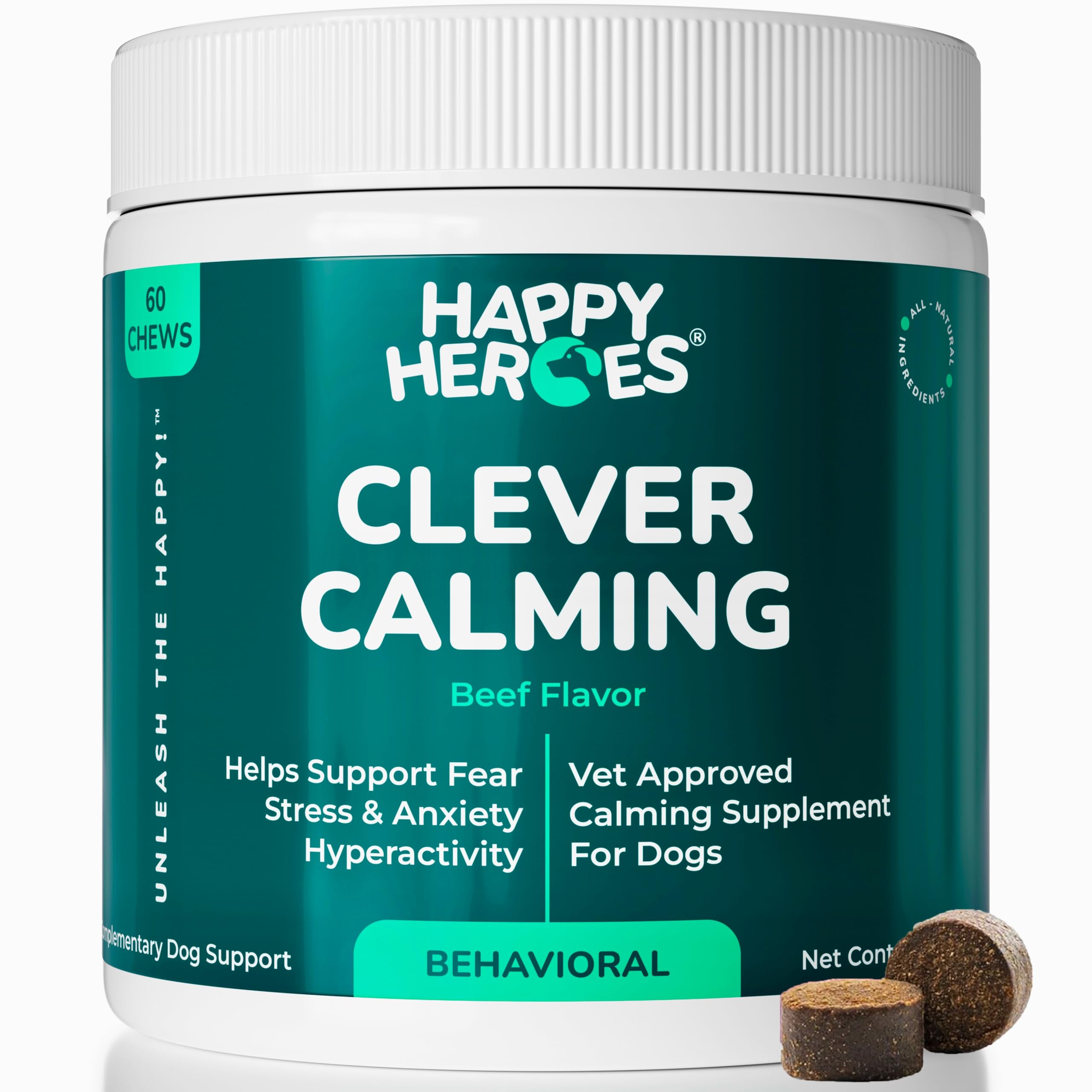 Happy Heroes – Calming Dog Treats, Natural Behavioural Supplement with Probiotics, Ashwagandha, Hemp Seed & Vitamins, Supports Dog Anxiety & Gut Health, Chicken Flavour, 120 Soft Chews