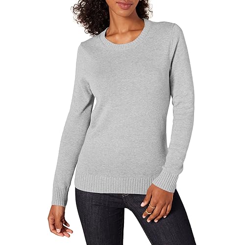 Amazon Essentials Women's Crewneck Sweater, 100% Cotton, Light Grey Heather, Medium, Plus Size Available